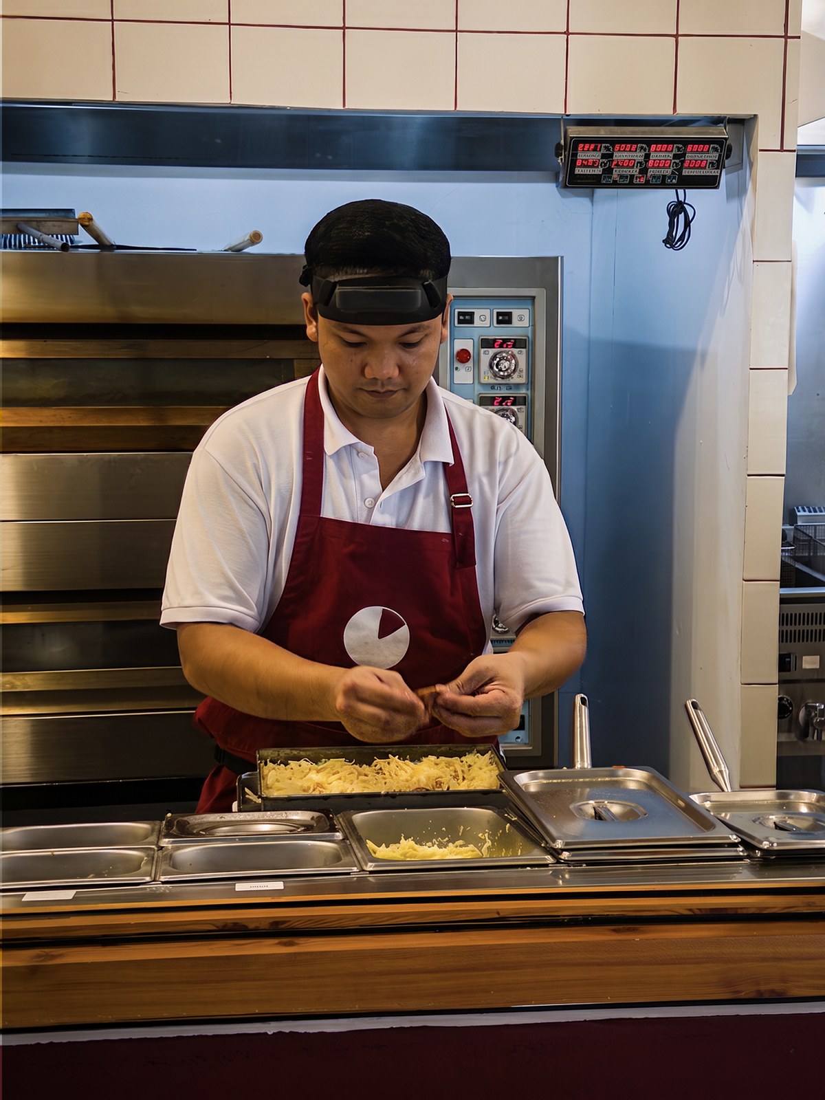 A Luckey collector wearing a head-mounted camera while preparing pizza in a pizzeria